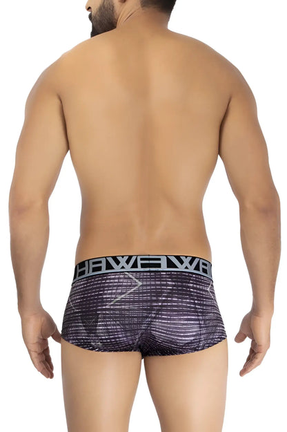 Black and gray patterned hawai 42183 printed microfiber boxer briefs with a bold hawe logo waistband in taupe color