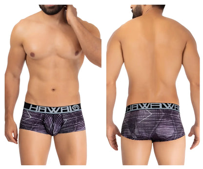 Black and gray patterned men’s microfiber briefs in taupe with a bold hawaii logo waistband HAWAI 42183