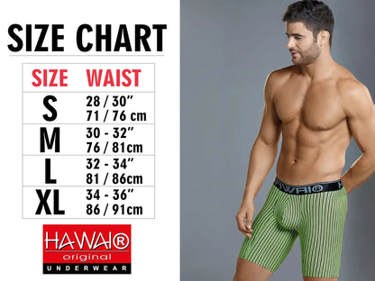 Green and white striped men’s microfiber briefs with black hawaii elastic waistband taupe color printed design