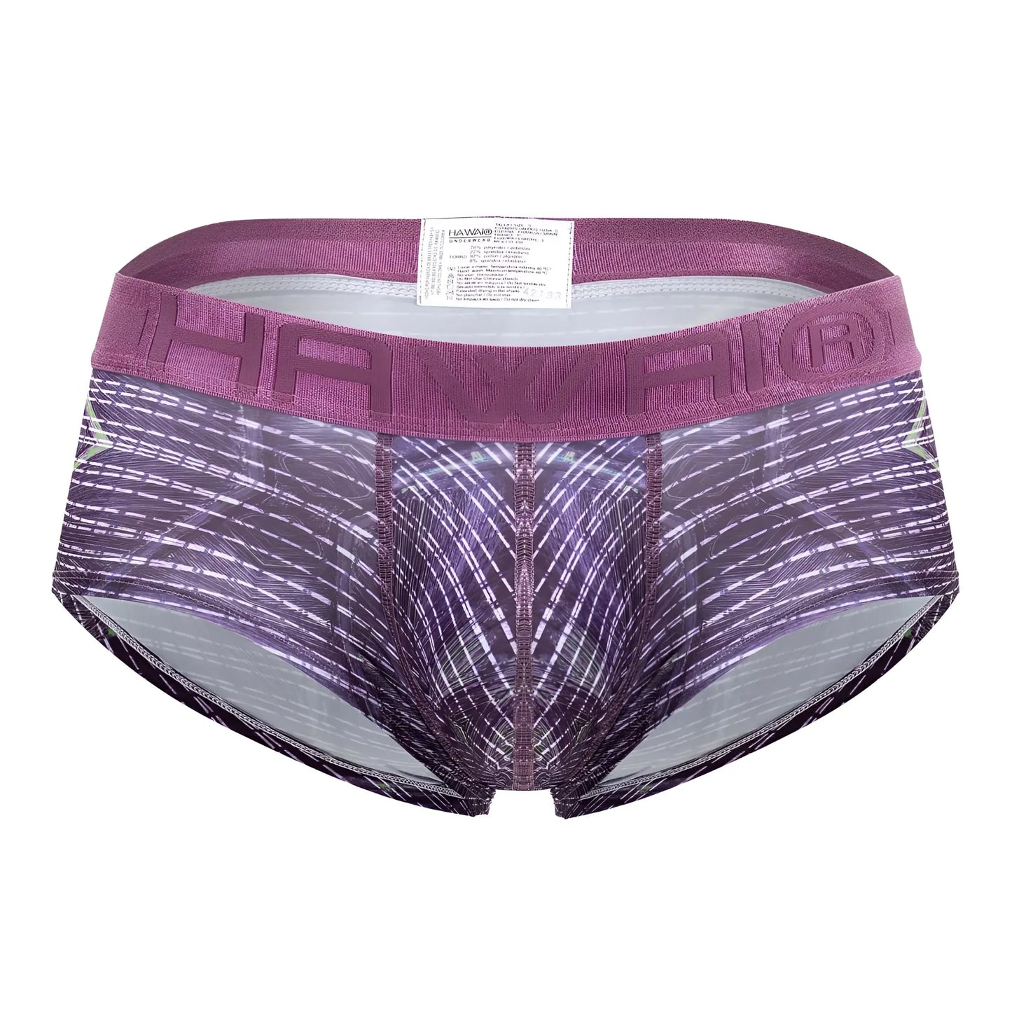 Purple and gray patterned hawaii microfiber briefs with textured waistband in taupe color for men