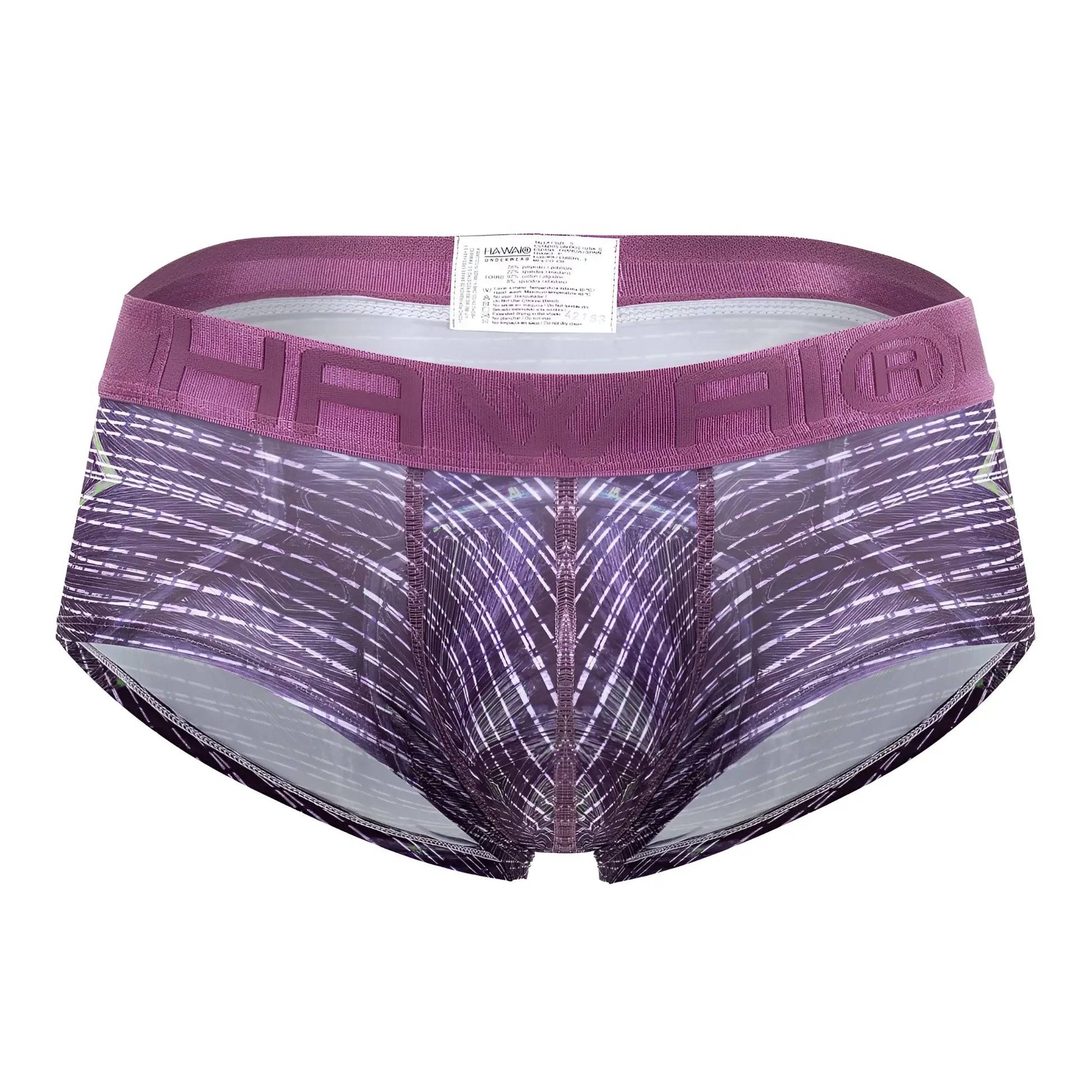 Purple and gray patterned hawaii microfiber briefs with textured waistband in taupe color for men