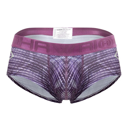 Purple and gray patterned hawaii microfiber briefs with textured waistband in taupe color for men