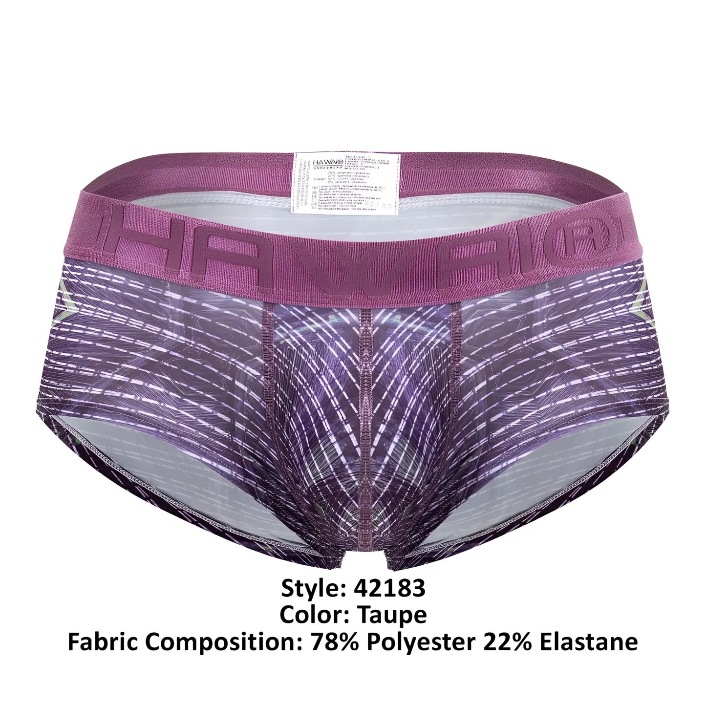 Purple and gray patterned men’s briefs in microfiber with a taupe textured waistband featuring the hawai brand name
