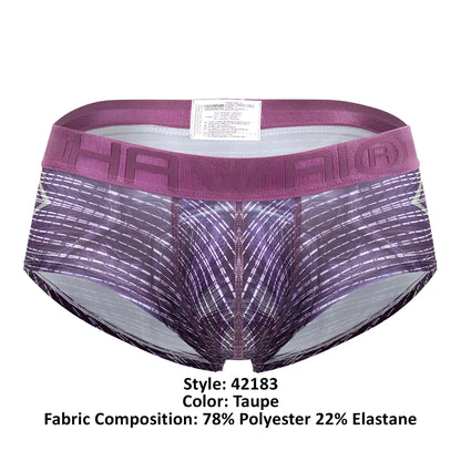 Purple and gray patterned men’s briefs in microfiber with a taupe textured waistband featuring the hawai brand name