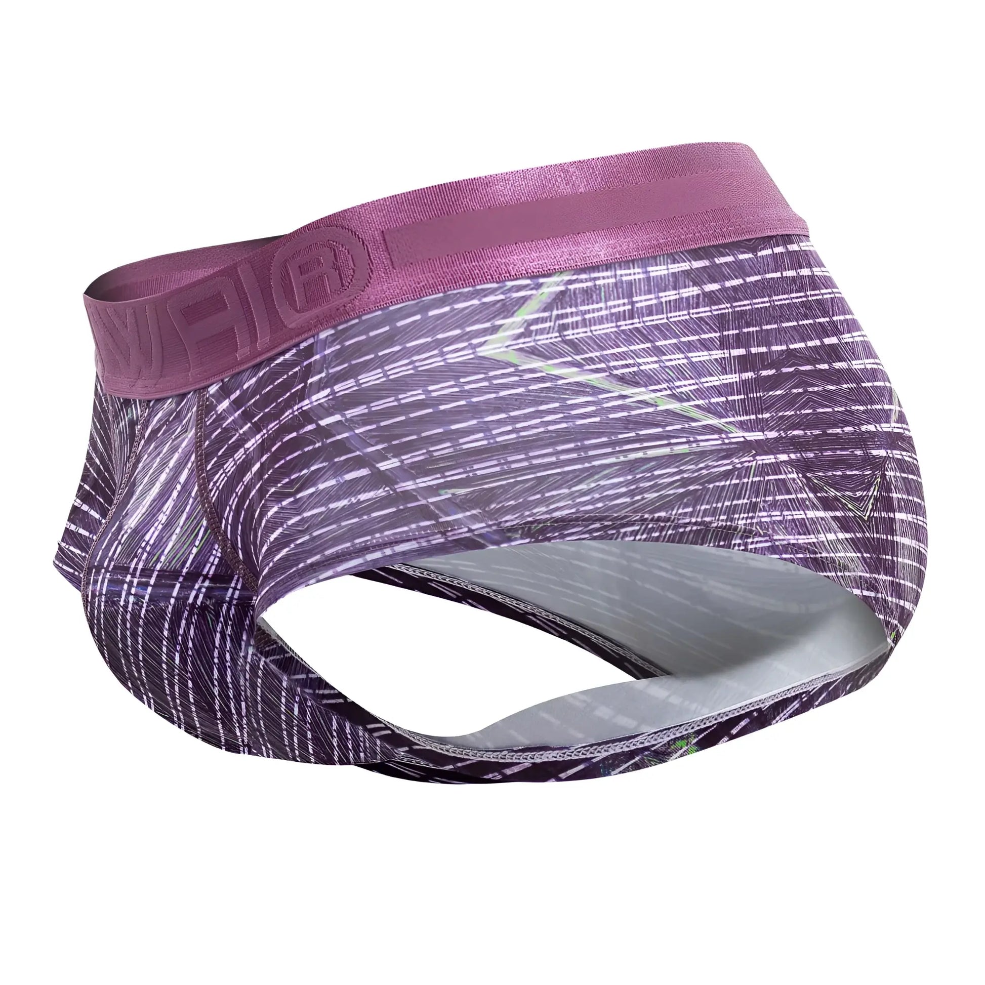 Purple patterned hawaï 42183 printed microfiber briefs with satin-like waistband and geometric design in taupe color