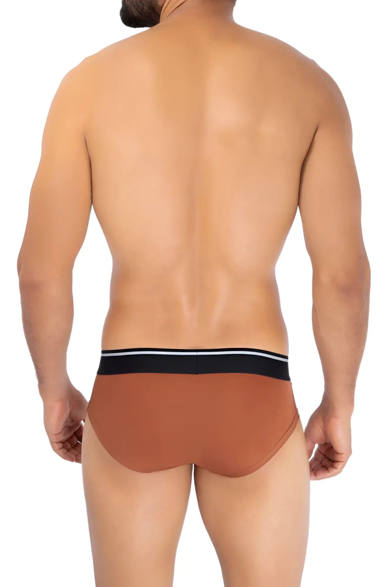 Brown briefs with a black and white striped waistband made of solid microfiber in amber color hip brief style