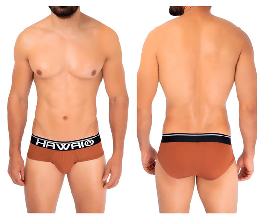 Brown hawaii briefs with black elastic waistband and white lettering made of solid microfiber in amber color