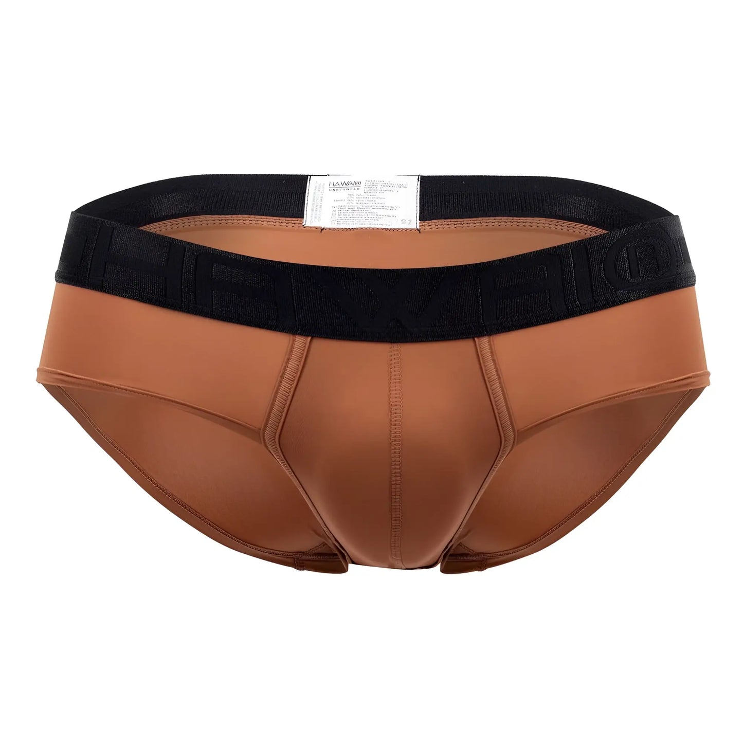 Brown men’s microfiber hip briefs in amber with black elastic waistband featuring embossed lettering