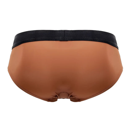 Brown satin microfiber hip briefs with a black elastic waistband in amber color hawai 42191 solid design