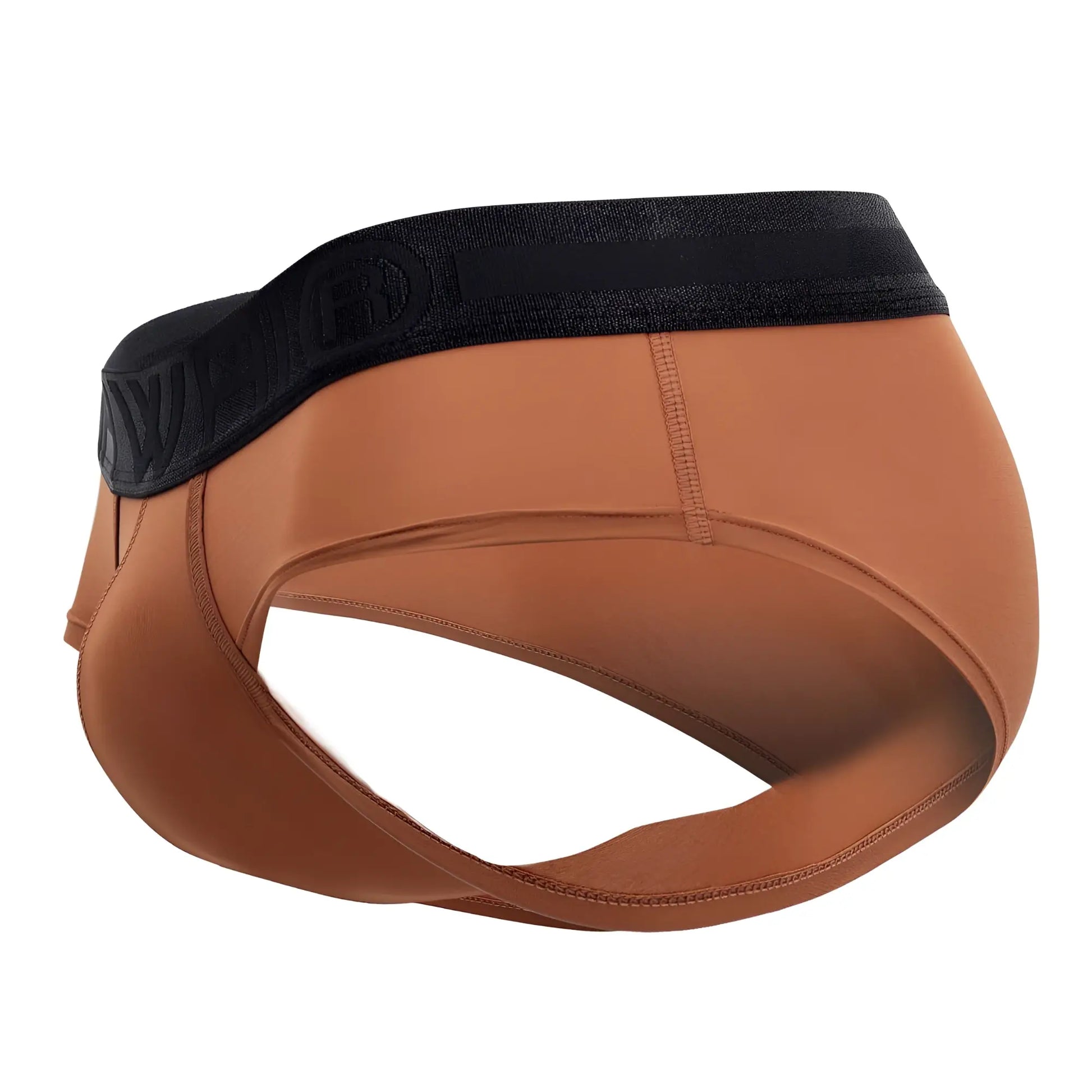 Tan athletic microfiber hip briefs with black elastic waistband and embossed logo in amber color
