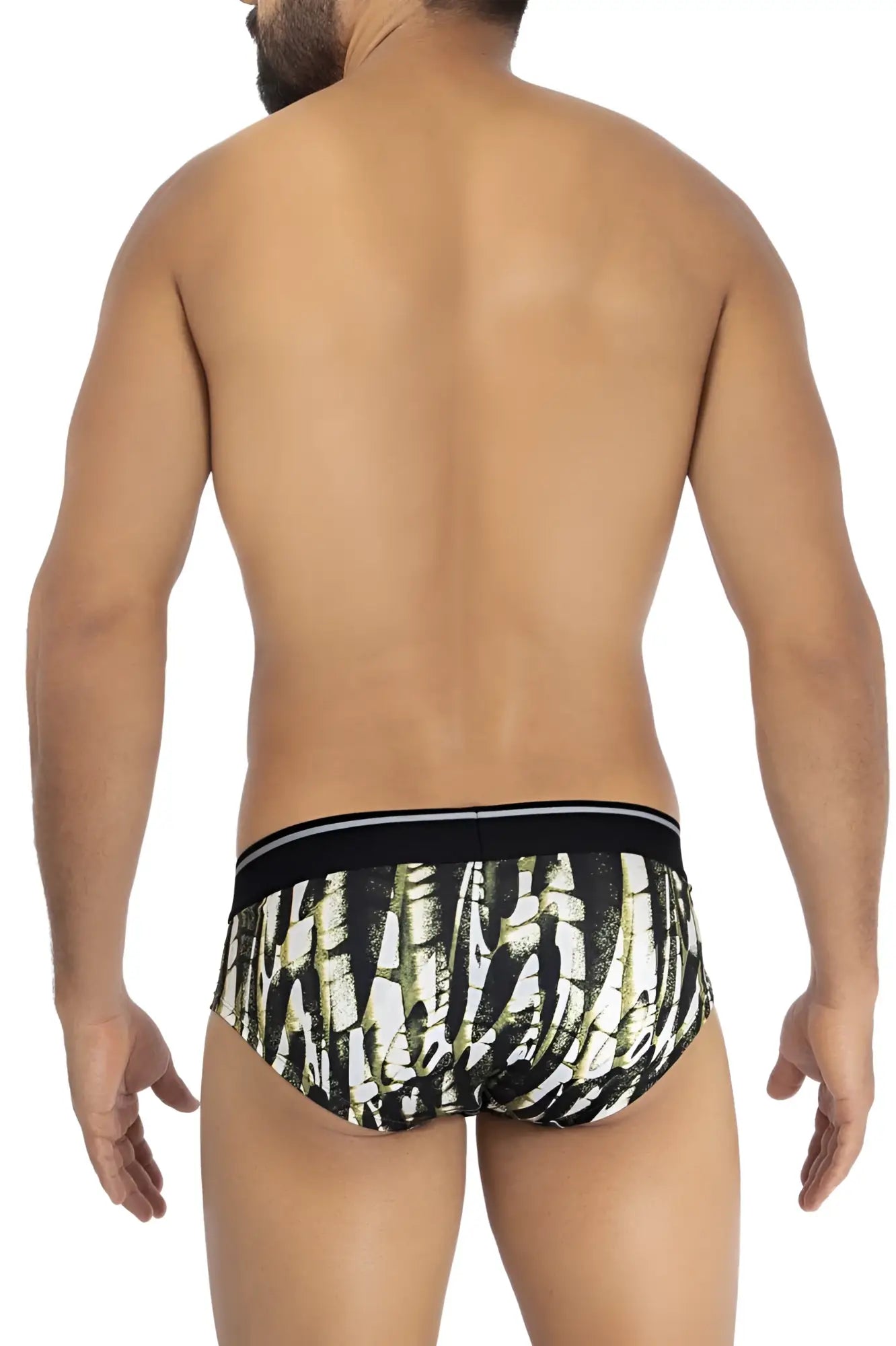 Hawai 42192 printed microfiber hip briefs in black and olive green with a white stripe trim in military green color
