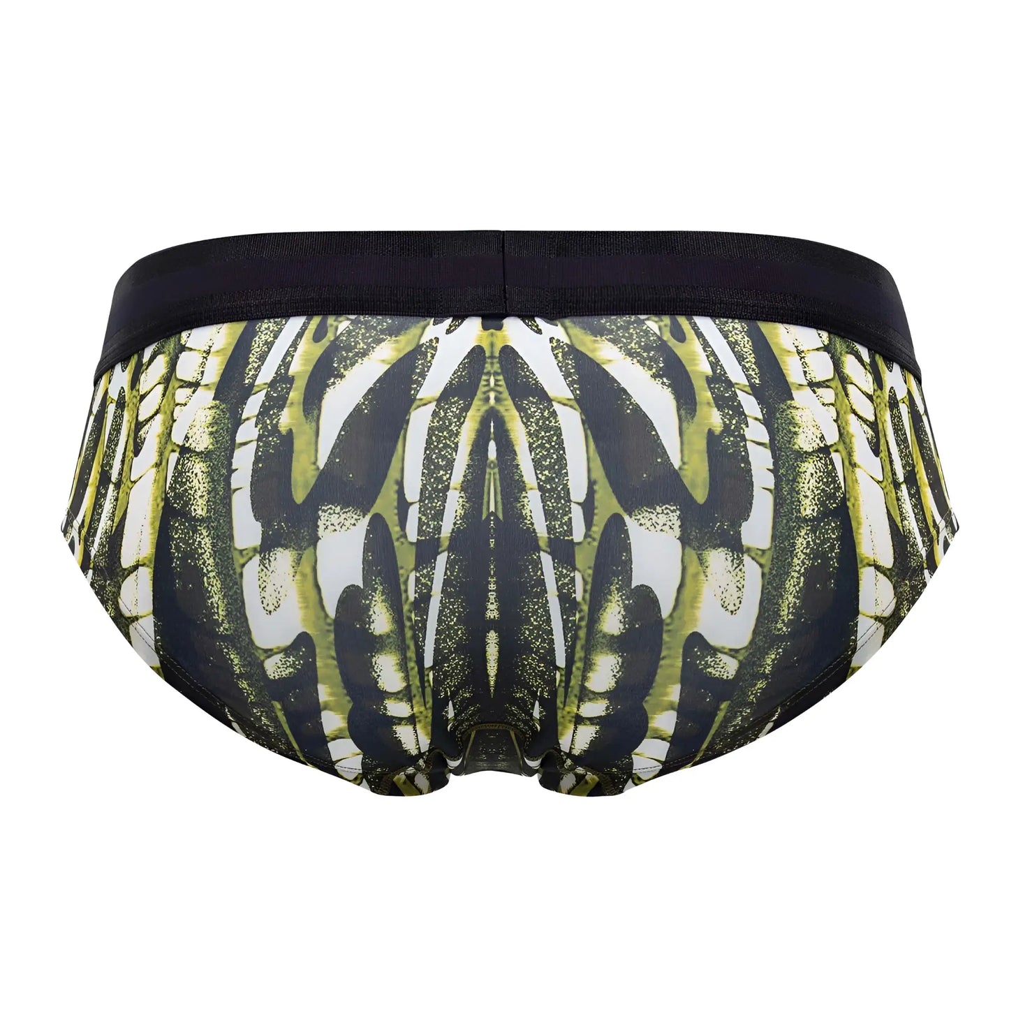 Black and olive green patterned hawai 42192 microfiber hip briefs with symmetrical abstract design in military green