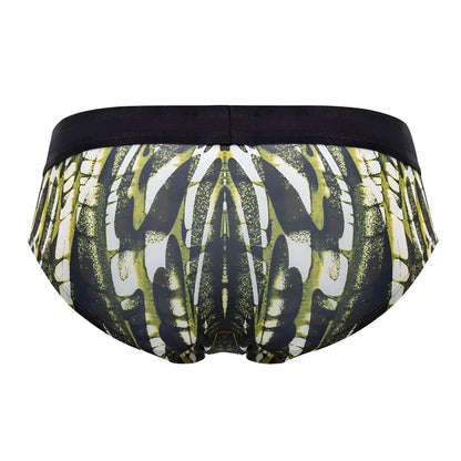 Black and olive green patterned hawai 42192 microfiber hip briefs with symmetrical abstract design in military green
