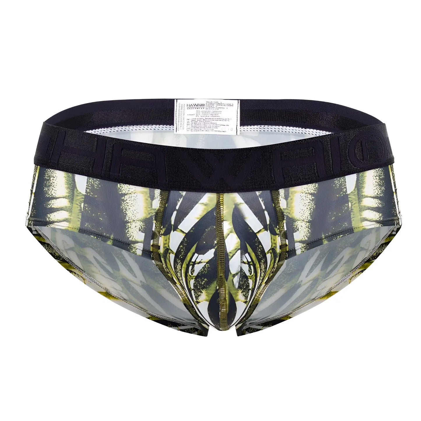 Black and green patterned men’s microfiber hip briefs with bold abstract design in military green color
