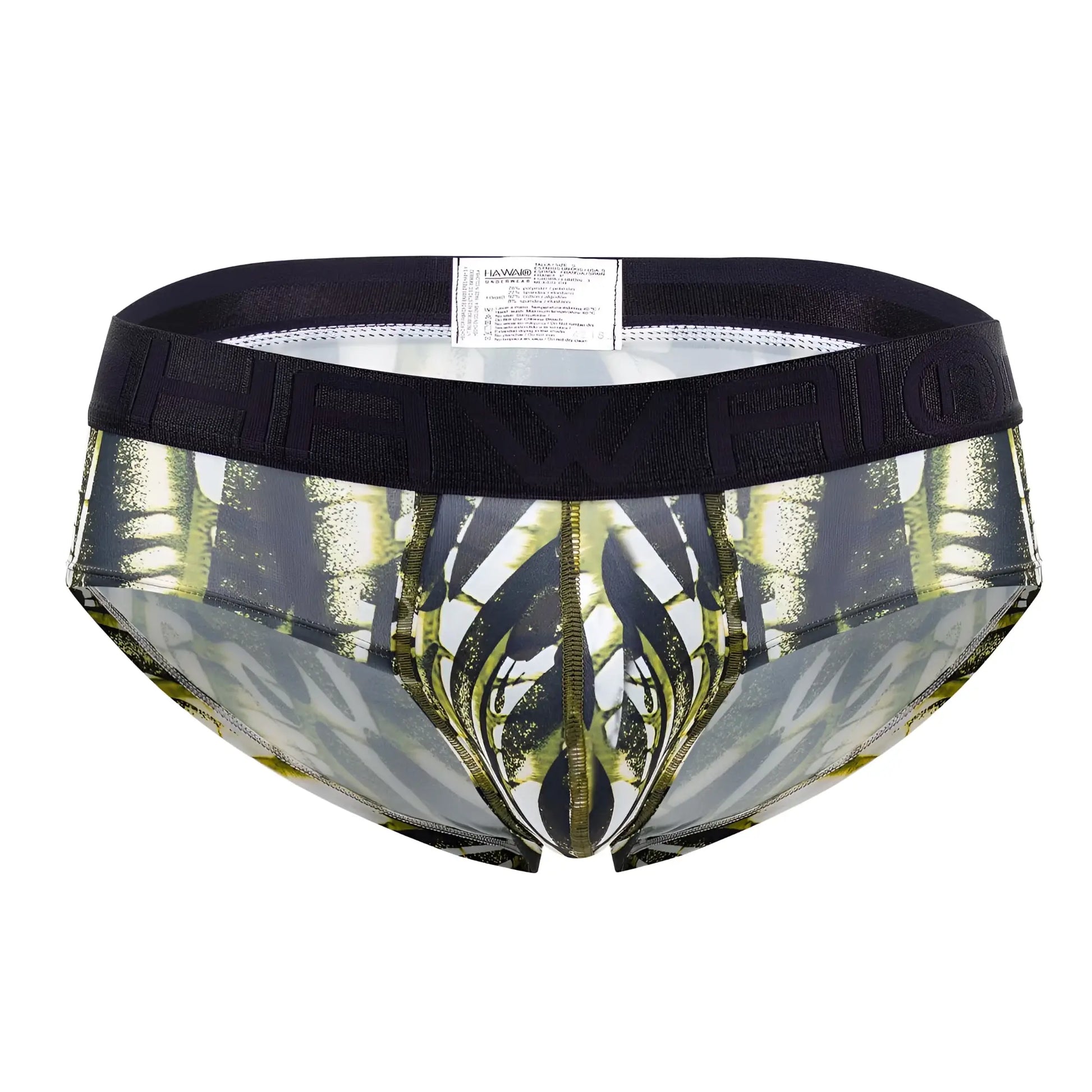 Black and green patterned men’s microfiber hip briefs with bold abstract design in military green color