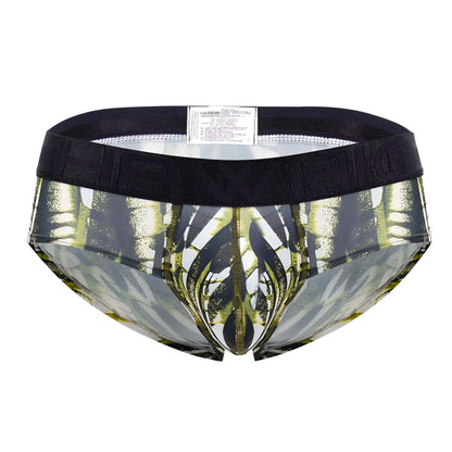 Black and green patterned men’s microfiber hip briefs with bold abstract design in military green color