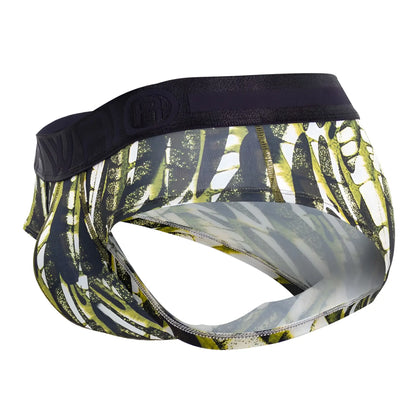 Hawai 42192 printed microfiber hip briefs in military green with a black waistband and green white leaf pattern