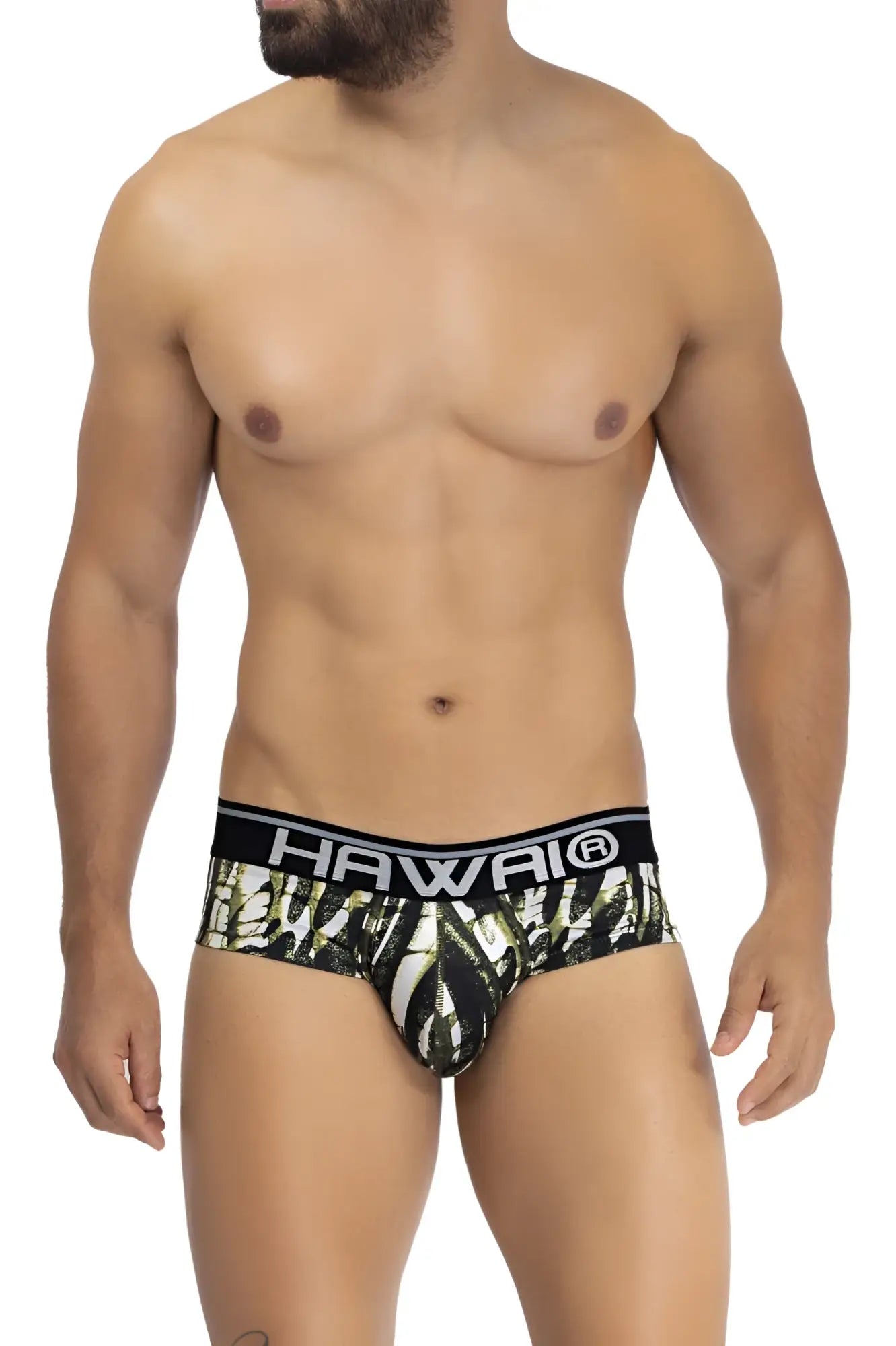 Black and white tropical leaf printed microfiber men’s briefs with military green waistband branded hawaii