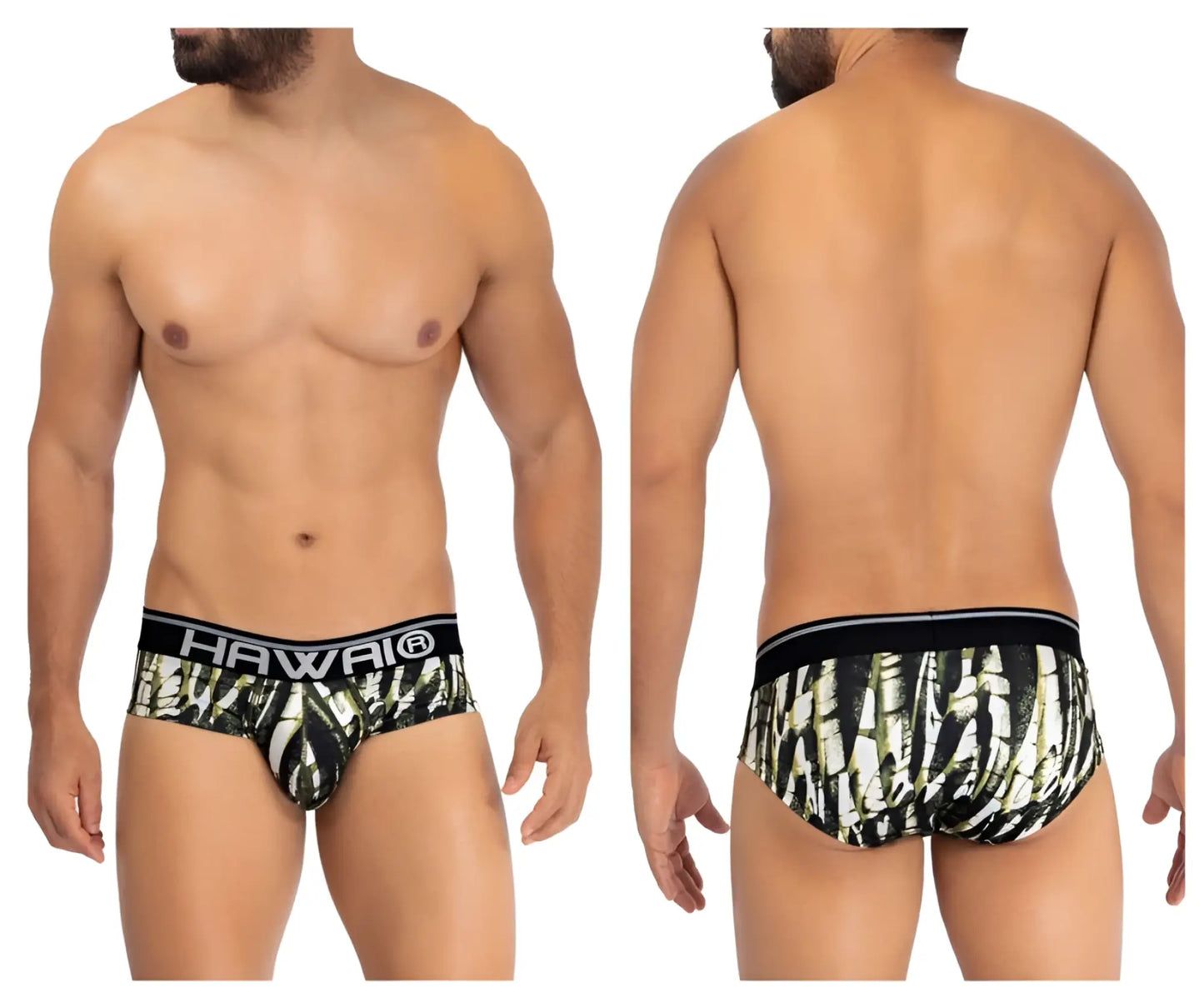 Black and white bamboo-patterned hawai 42192 microfiber hip briefs with solid black waistband in military green color