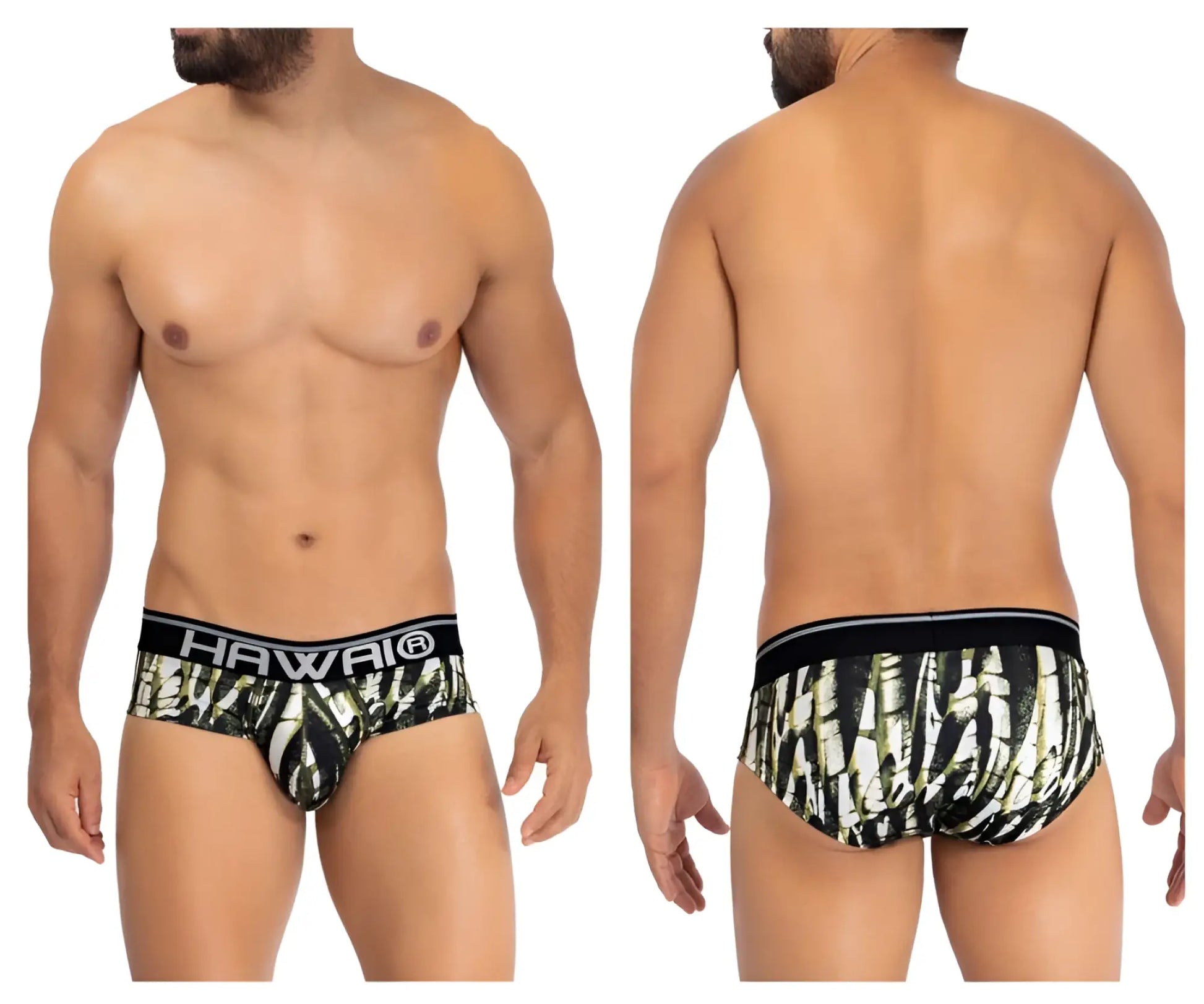 Black and white bamboo-patterned hawai 42192 microfiber hip briefs with solid black waistband in military green color