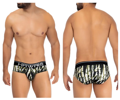 Black and white bamboo-patterned hawai 42192 microfiber hip briefs with solid black waistband in military green color