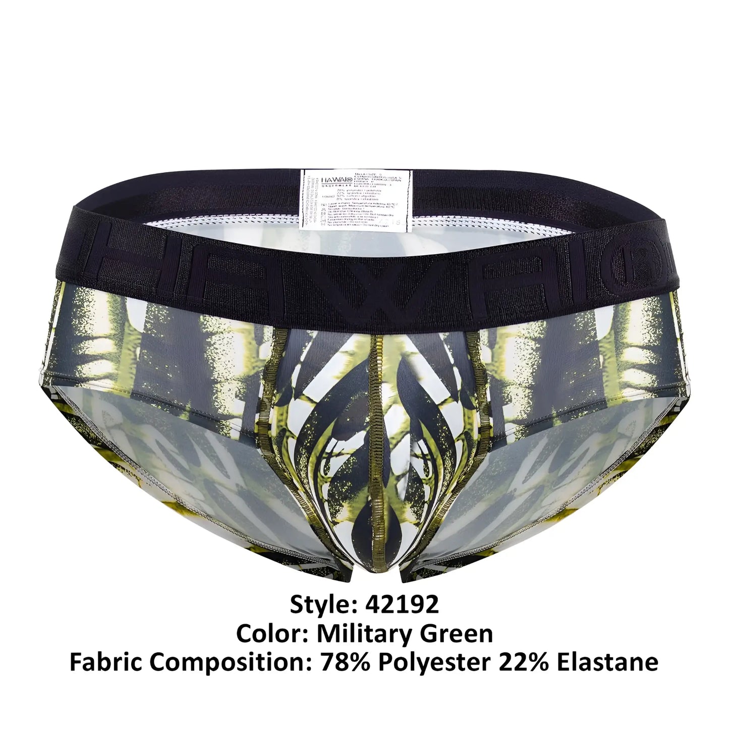 Military green microfiber printed hip briefs with black elastic waistband featuring hawaii branding in raised lettering