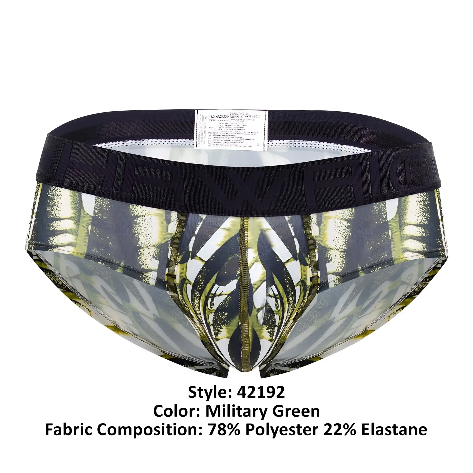 Military green microfiber printed hip briefs with black elastic waistband featuring hawaii branding in raised lettering