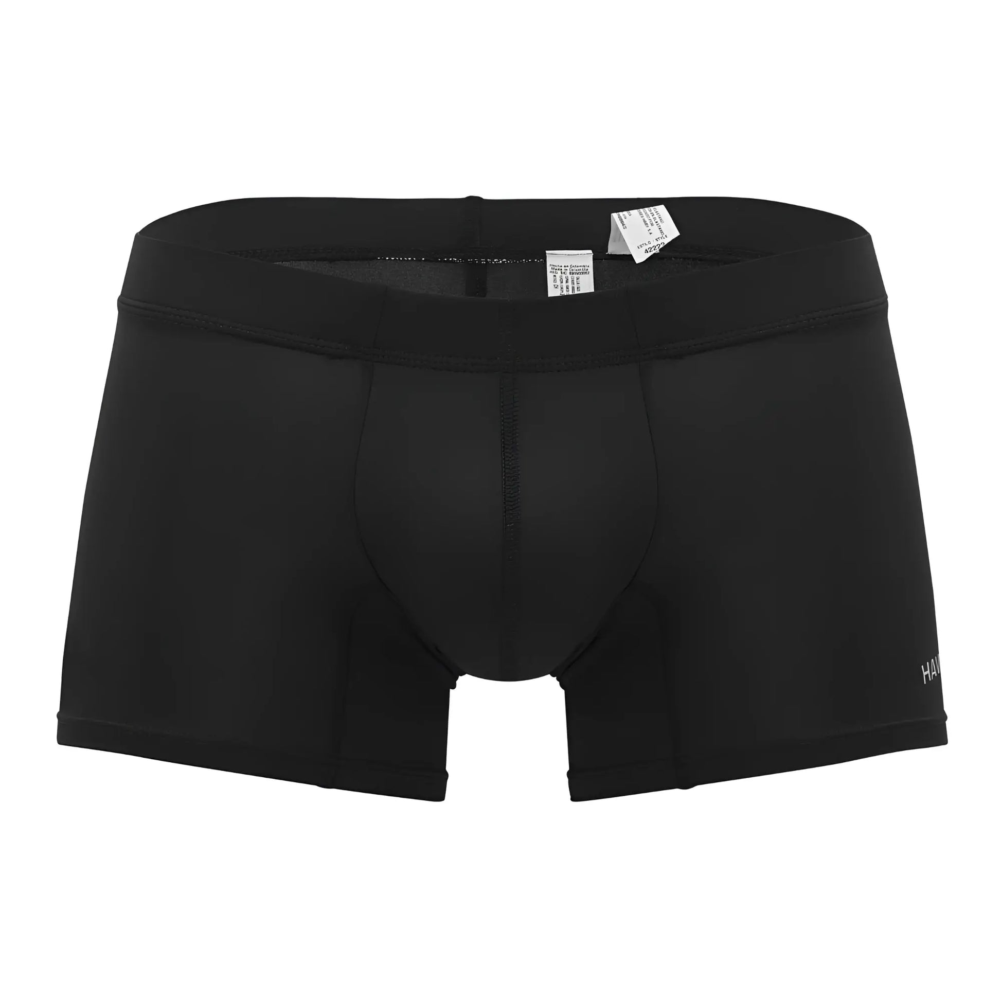 Black men’s boxer briefs in black microfiber with smooth form-fitting fabric and subtle branding on the leg
