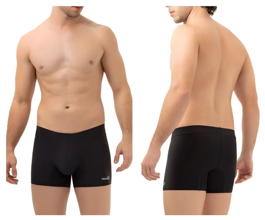 Black men’s cycling briefs hawai 42222 microfiber trunks in black with subtle brand logo on left leg front view