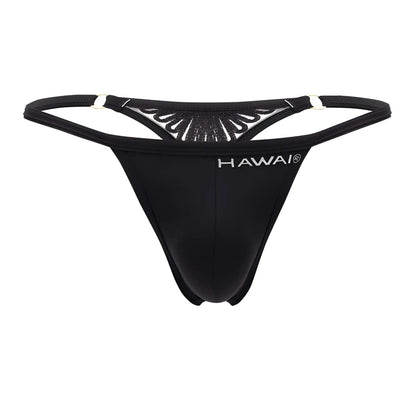 Black hawai microfiber thong with sheer mesh back featuring fan-like pattern and silver-toned metal clasps shown from back