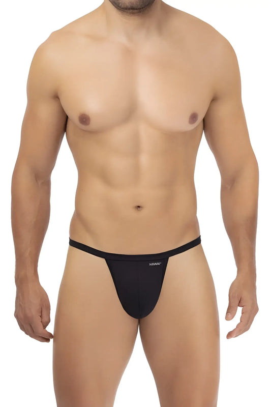 Black men’s HAWAI 42317 microfiber thong in black with minimalist design and hivan embroidered on the front
