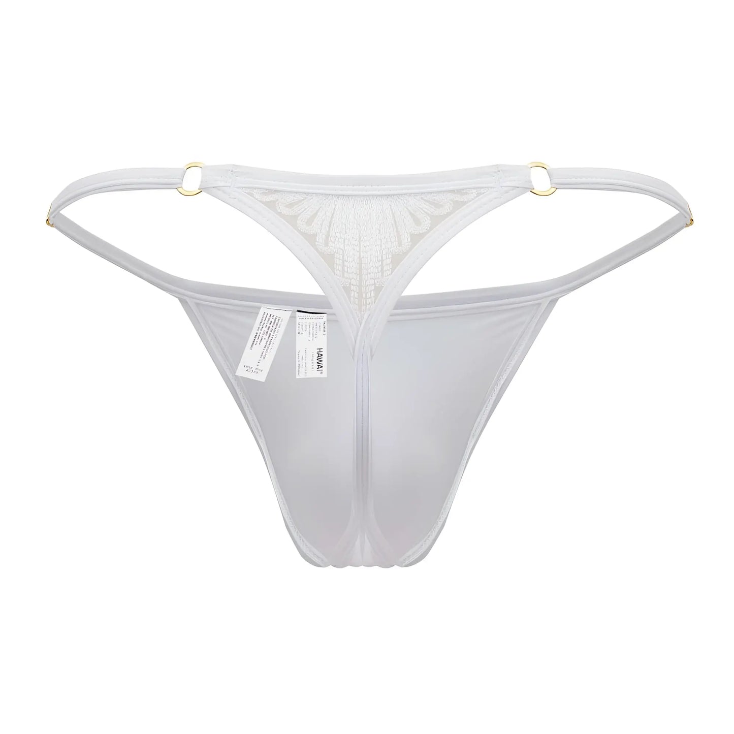 White sheer microfiber thong with delicate lace and gold toned metal rings at waistband hawai 42317 back view