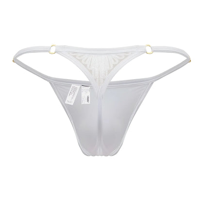 White sheer microfiber thong with delicate lace and gold toned metal rings at waistband hawai 42317 back view