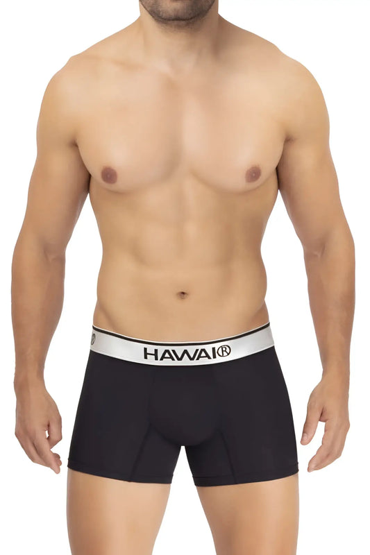 Black havai men’s microfiber boxer briefs in black with a white elastic waistband featuring the brand name in black lettering