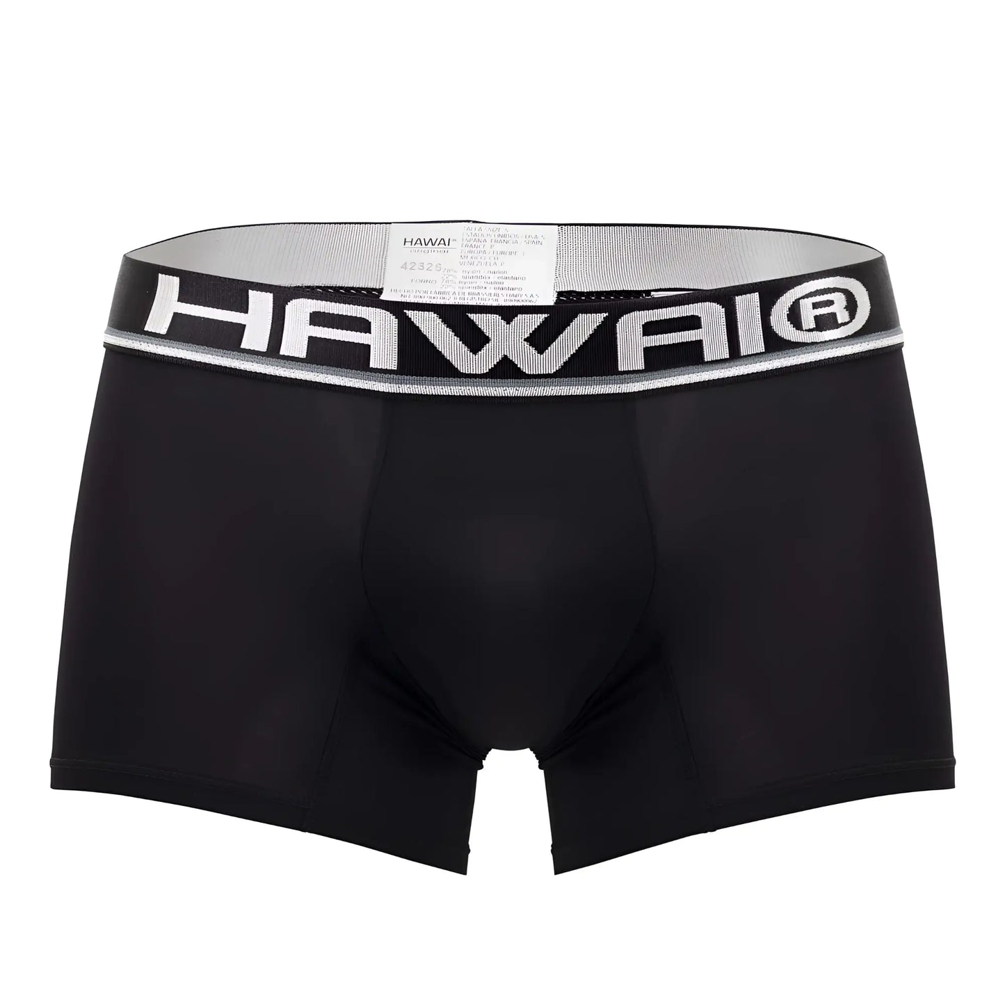 Black hawai 42326 microfiber boxer briefs with silver elastic waistband and bold white brand lettering in black color