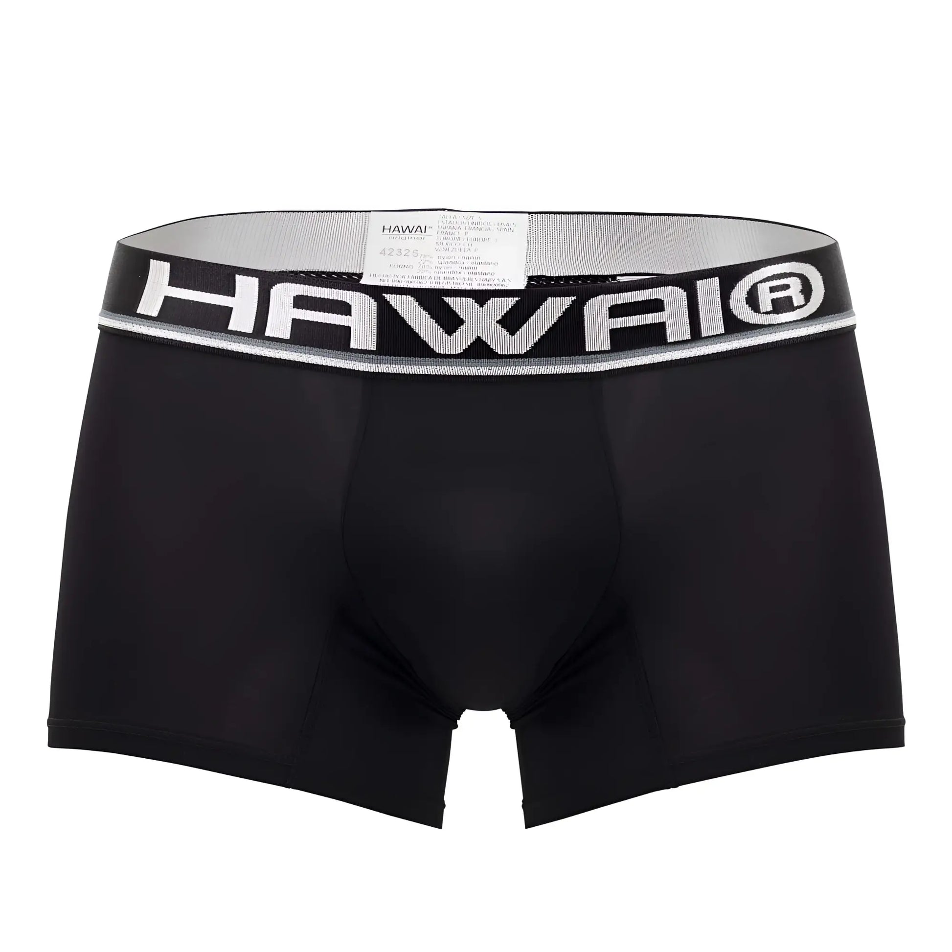 Black hawai 42326 microfiber boxer briefs with silver elastic waistband and bold white brand lettering in black color