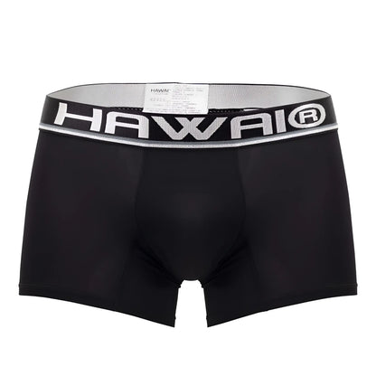 Black hawai 42326 microfiber boxer briefs with silver elastic waistband and bold white brand lettering in black color
