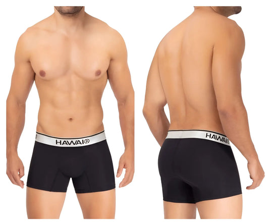 Black Hawai 42326 microfiber boxer briefs in black with a white elastic waistband featuring black brand lettering