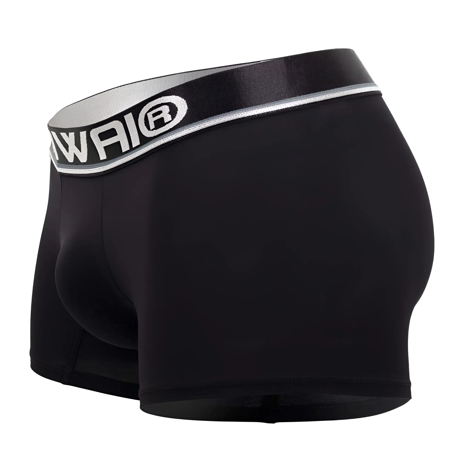 Black hawai 42326 microfiber boxer briefs with silver and black waistband featuring awai logo in black color