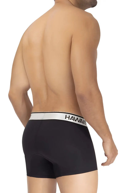 Black hawaii 42326 microfiber boxer briefs with white elastic waistband featuring black hawaii brand lettering