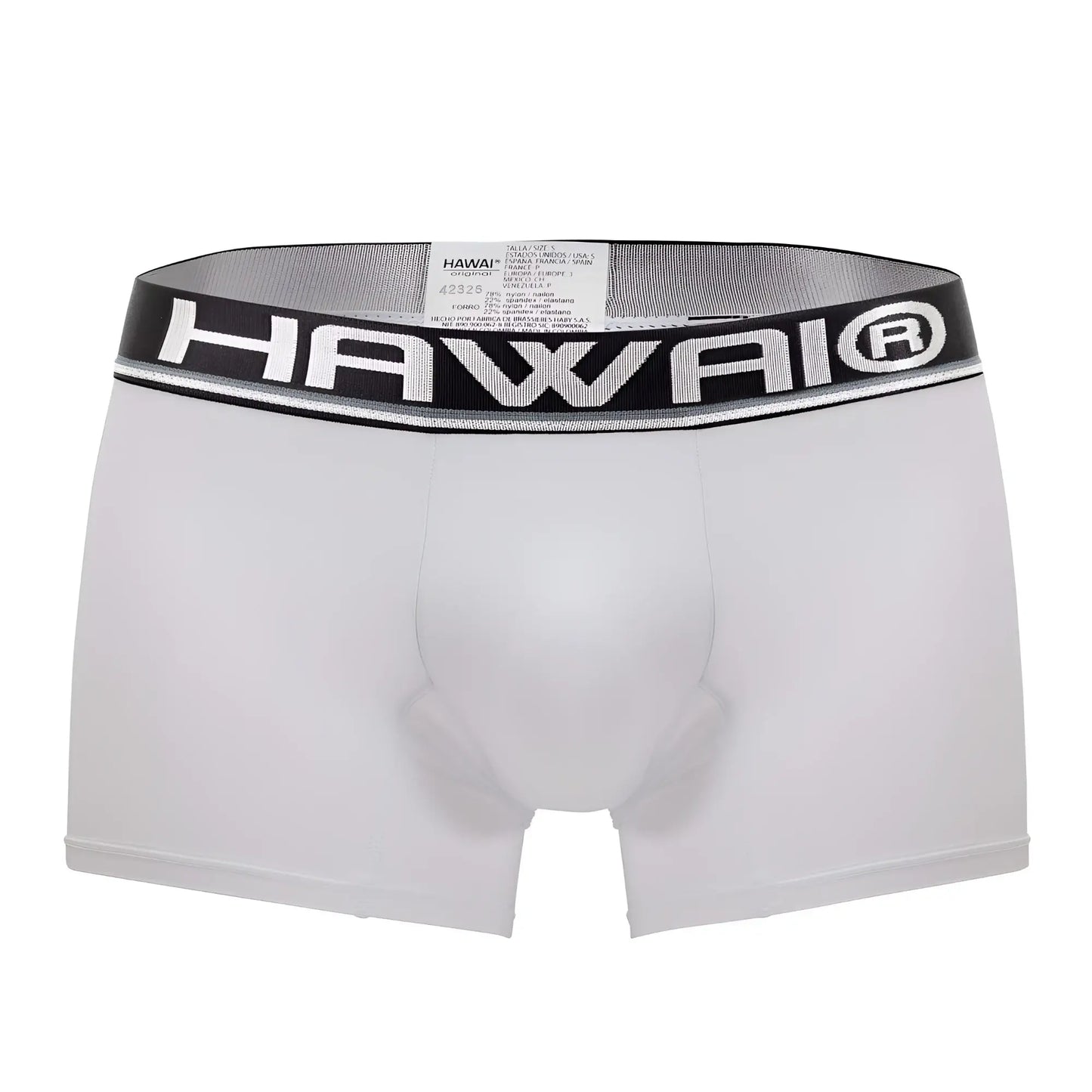 White hawai microfiber boxer briefs in white with a black elastic waistband featuring bold white lettering
