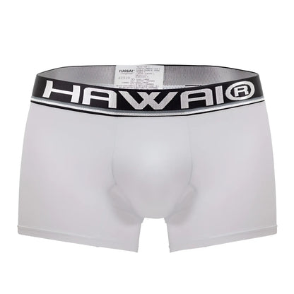 White hawai microfiber boxer briefs in white with a black elastic waistband featuring bold white lettering