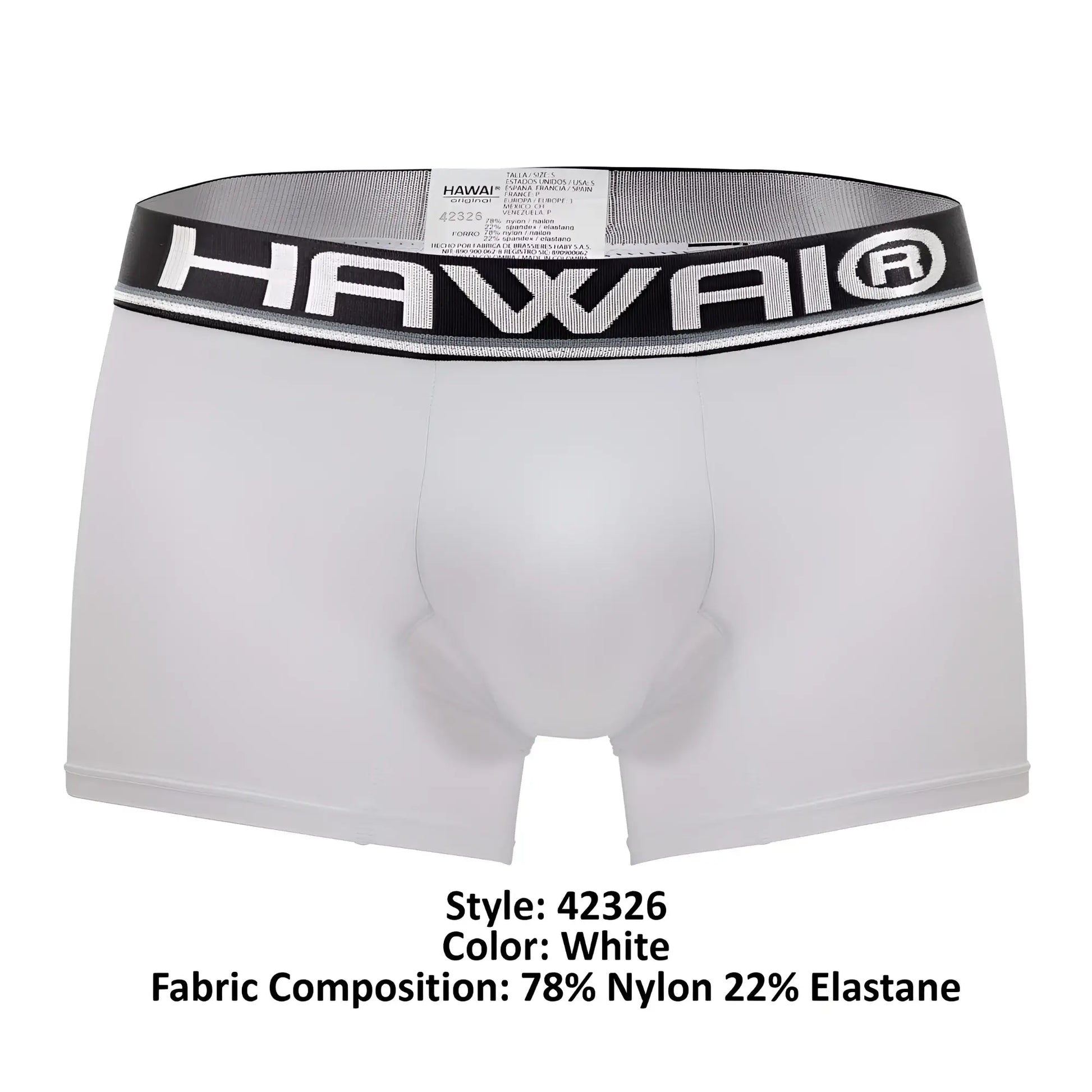 White hawai 42326 microfiber boxer briefs with a black and white elastic waistband featuring the hawai logo
