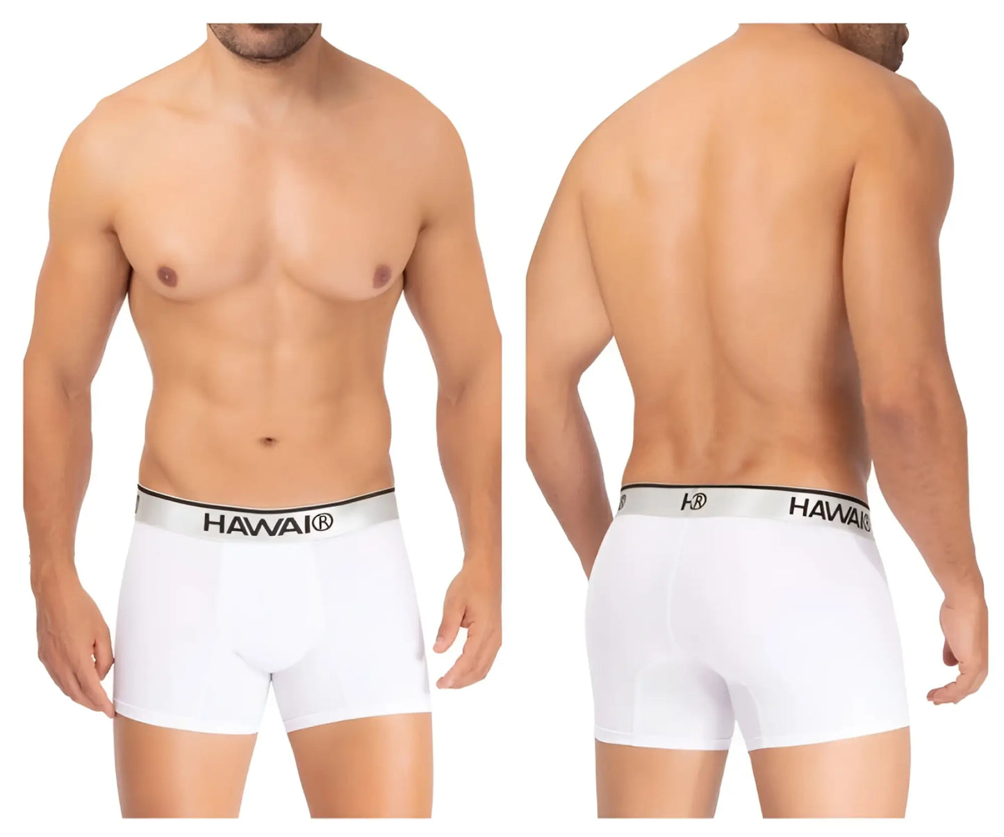 White men’s microfiber boxer briefs with a silver waistband featuring black hawaii brand lettering color white
