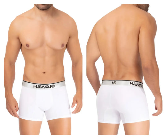 White men’s microfiber boxer briefs with a silver waistband featuring black hawaii brand lettering color white