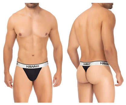 Black hawai microfiber thong with white elastic waistband featuring hawaii logo in black lettering