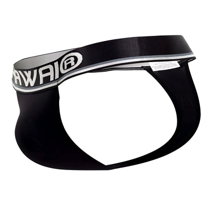 Black hawaï 42338 microfiber briefs with gray and white logo band shown from the back side