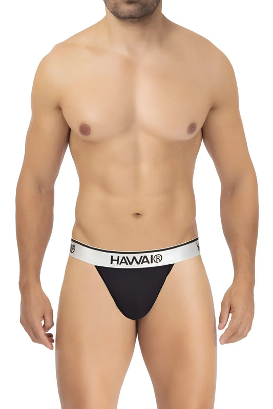 Black hawai brand microfiber thongs in black with white waistband featuring logo visible from the back side