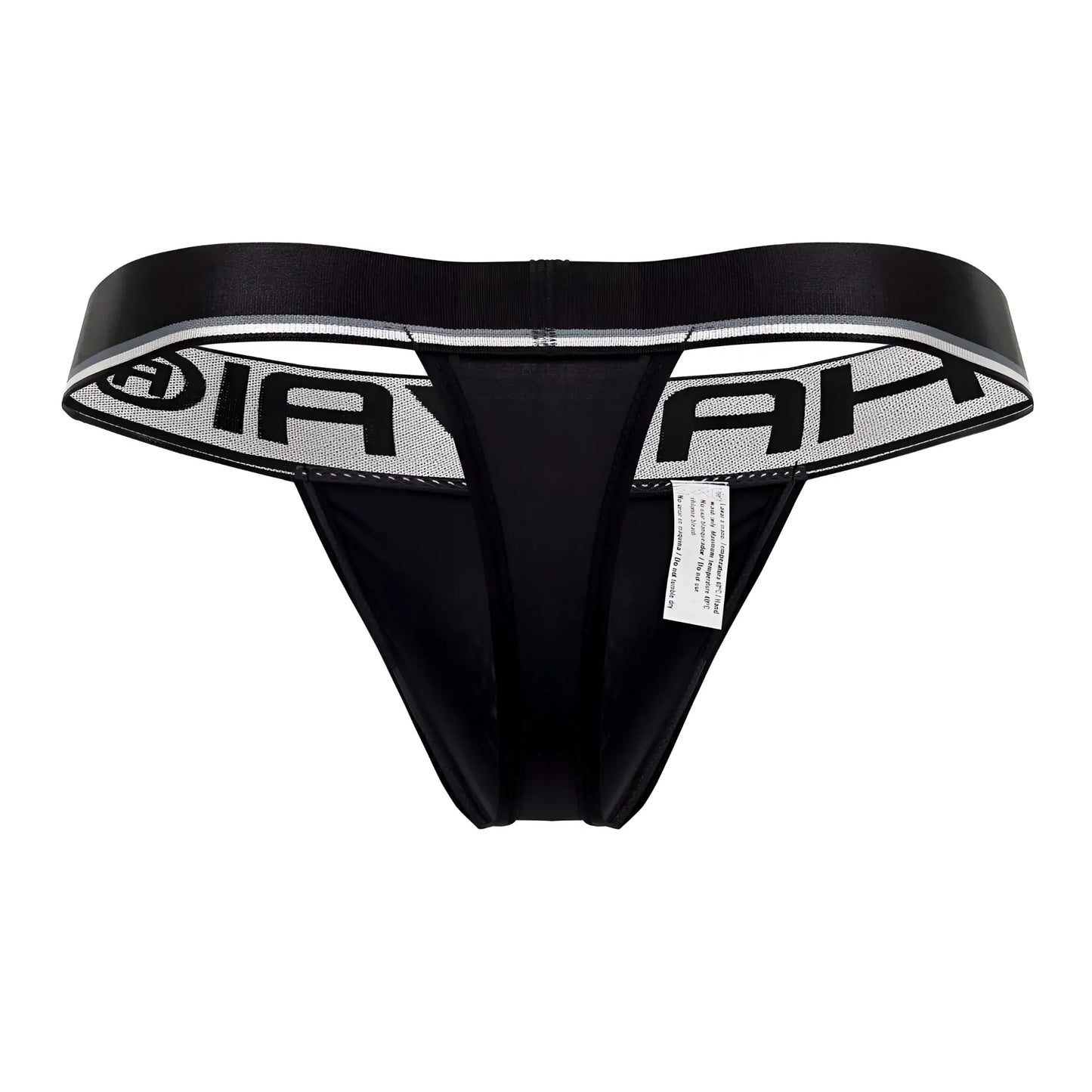 Black microfiber thong with a wide elastic waistband featuring bold black ah lettering on a silver textured background