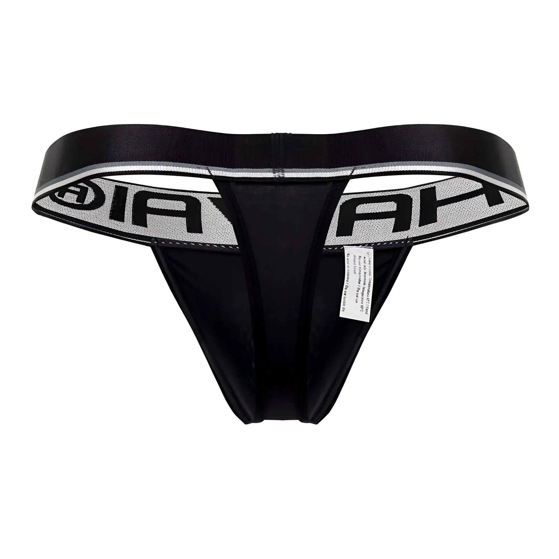 Black microfiber thong with a wide elastic waistband featuring bold black ah lettering on a silver textured background
